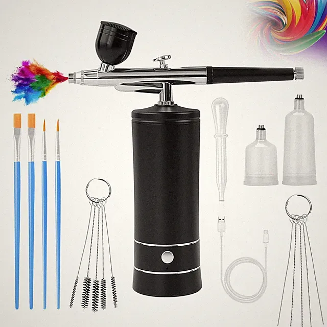 Black Wireless Airbrush Kit, Compressor, Nail Art, Barber, Cake Decor, Makeup