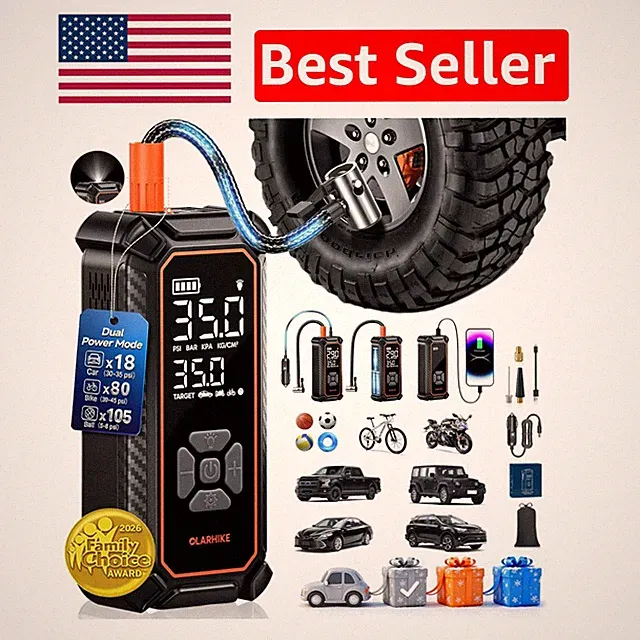 Compact Tire Inflator with Digital Gauge & Auto Shut-Off - 12V & Battery Powered
