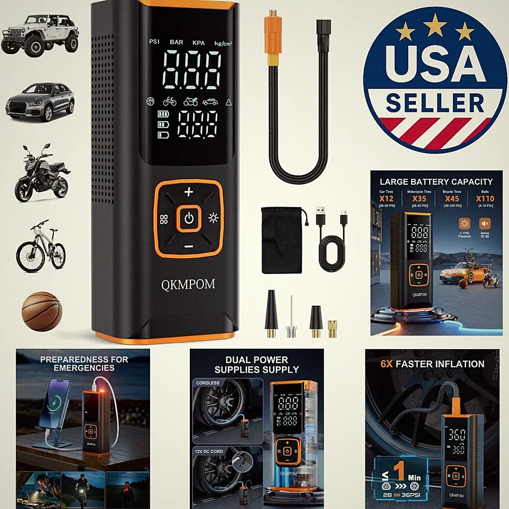 Cordless Tire Inflator - 180 PSI Portable Air Compressor with LCD Display and...