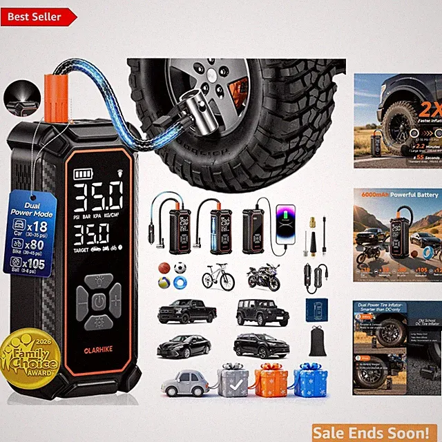 Dual Power 6000mAh Air Compressor - Cordless Tire Inflator with Auto Shut-Off