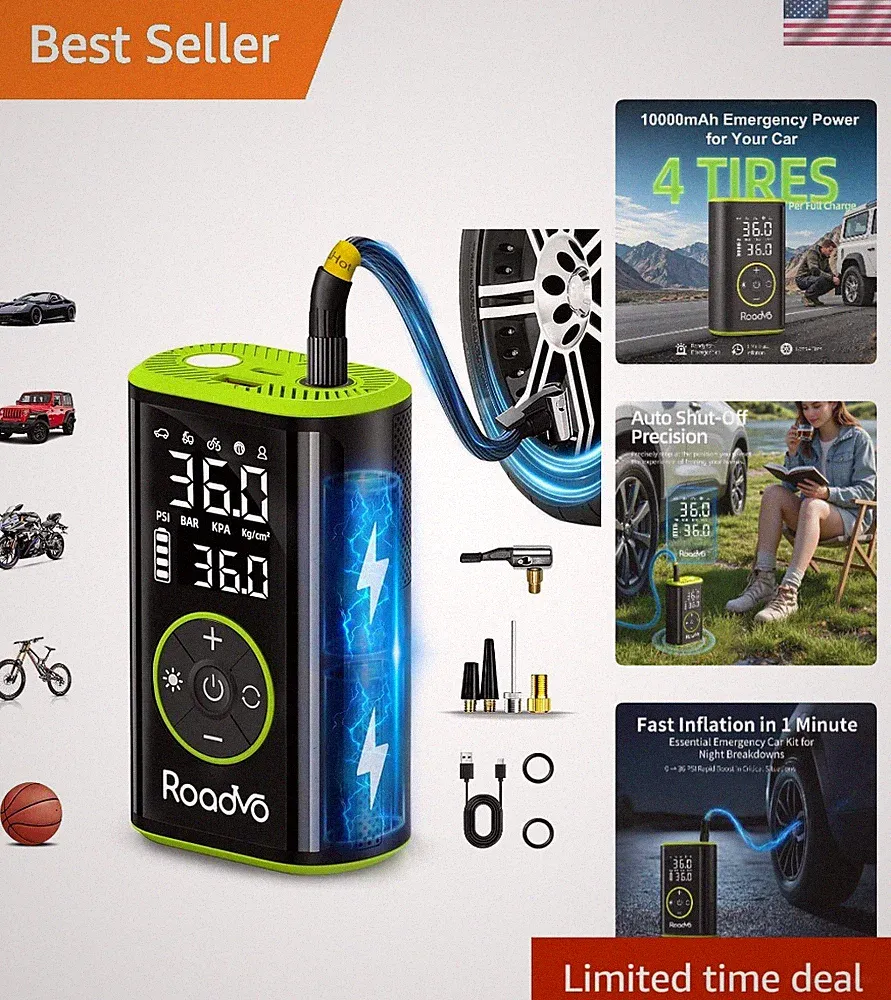 Portable Cordless Air Compressor with 10000mAh Battery & 24L/Min Fast Inflation