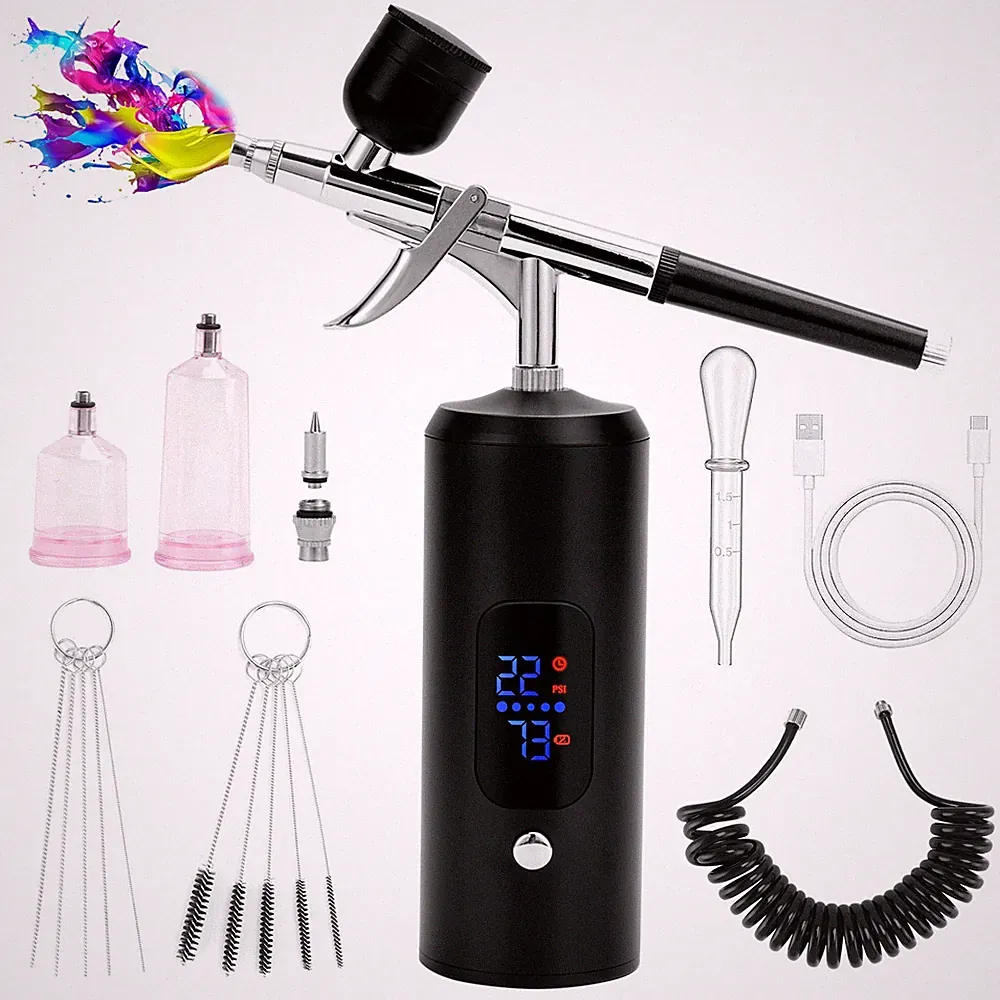 Cordless Airbrush Kit Handheld Sprayer Gun 38PSI LCD for Barber Nail Art Makeup