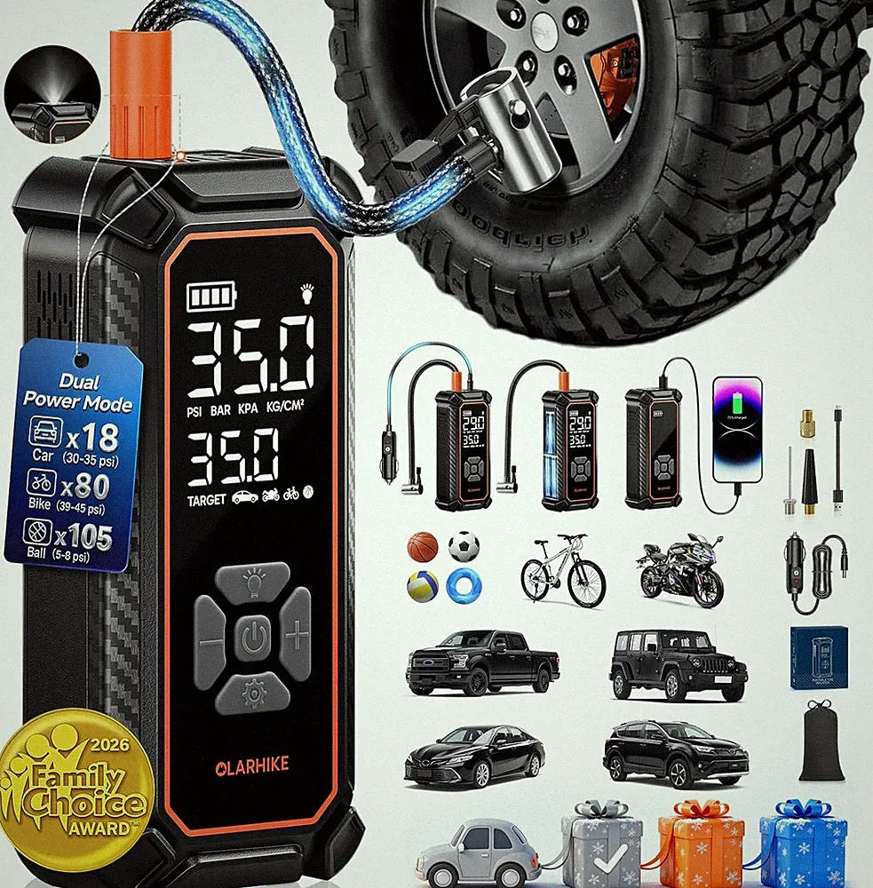 Tire Inflator Portable Air Compressor, Dual Power - 6000Mah & 12V DC, 150PSI Bik
